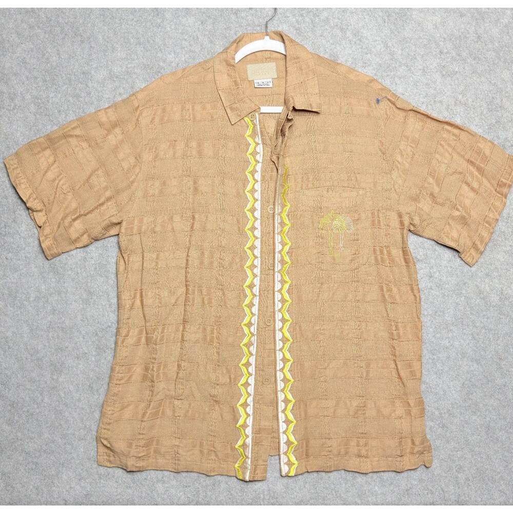 RARE Vtg Jordan Two3 Mens M fits M-L Tan Linen Rayon Embroidered Button Up Shirt